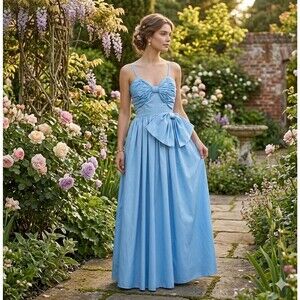 VTG 80s 90s Alyce Designs RUCHED BOW BUST Blue Coquette Prom Dress Maxi Gown XS